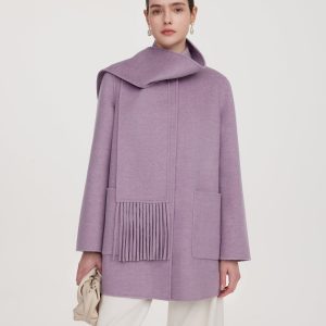 CAN2142 100% Wool Double-Faced Women Coat With Fringe Scarf