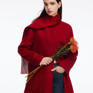 CAN2129 Tencel Wool Blend Double-Faced Women Coat With Fringe Scarf