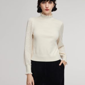 CAN2149 Tencel Wool Blend Ruffle Neck Women Sweater