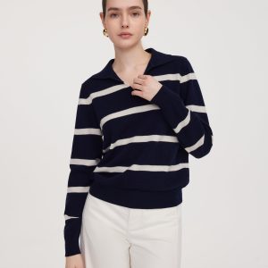 CAN2153 100% Wool Stripe Women Polo Sweater