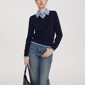 CAN2152 100% Wool Color Block Faux Two-Piece Women Sweater