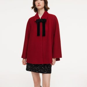 CAN2125 100% Wool Women Coat With Detachable Bowknot
