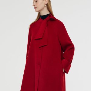 CAN2127 Tencel Wool Women Coat With Detachable Bowknot